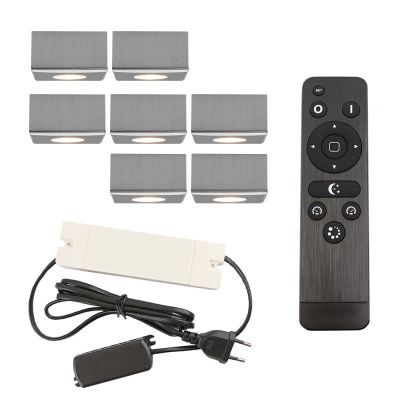 7 spots en saillie veranda carrés chromés Fredo, IP44, avec kit de connexion et télécommande