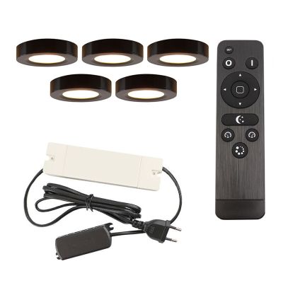 5 lampes rondes sous placard de cuisine, noir, avec kit de connexion et télécommande