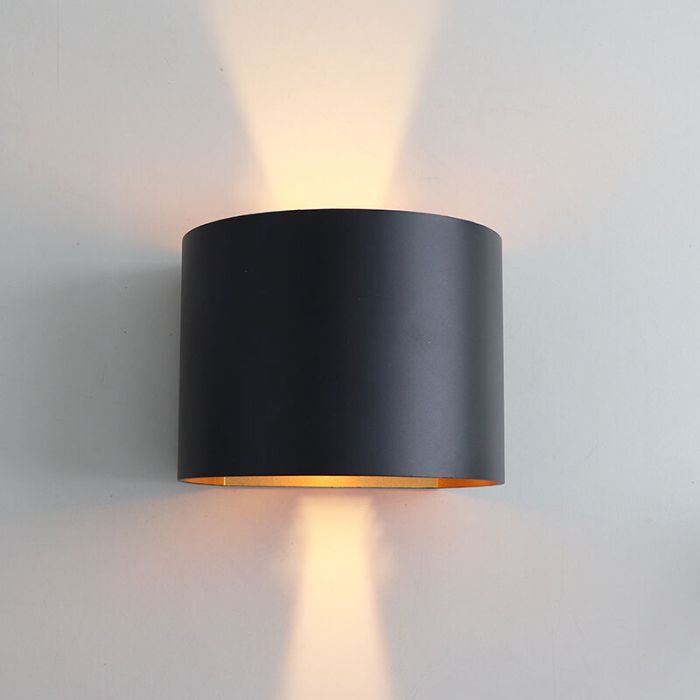 Applique up and down noire avec intérieur doré, Dion, 6W, 2700K LED, IP65