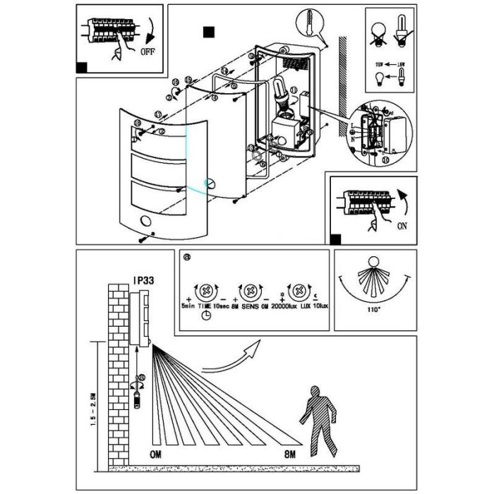 Applique extérieur avec détecteur de mouvement argentée en plastique, Elyana, IP44