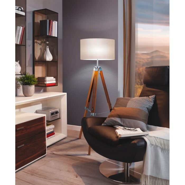 Lampadaire trépied blanc en bois, Joana, avec interrupteur