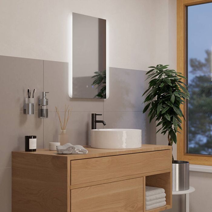 Miroir avec éclairage gris en verre, Bibi, 7,1W, blanc chaud à froid réglable LED, IP44, avec interrupteur