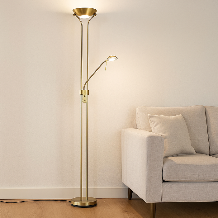 Lampadaire liseuse laiton moderne, Salvador, 18W, 3000K LED, avec interrupteur