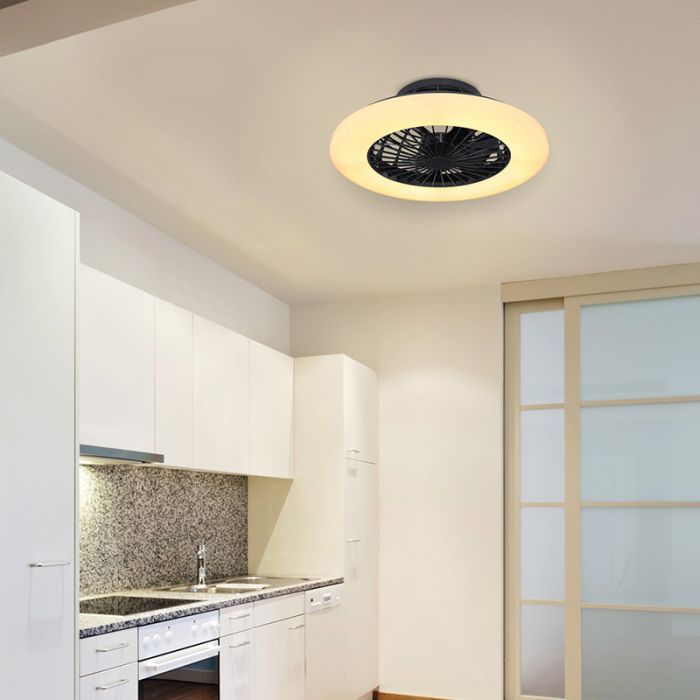 Ventilateur de plafond noir en plastique, Joni, 40W, blanc chaud à froid réglable LED, avec télécommande