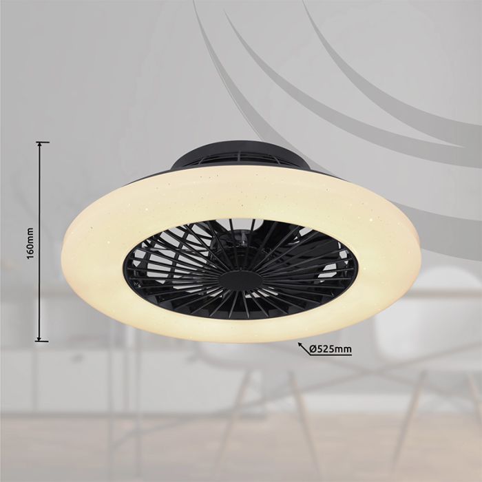 Ventilateur de plafond noir en plastique, Joni, 40W, blanc chaud à froid réglable LED, avec télécommande