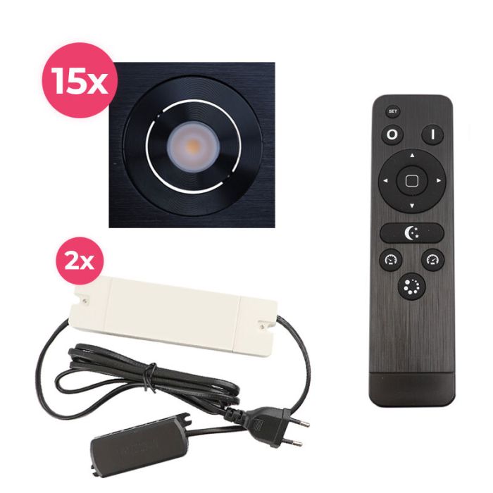 15 spots veranda orientable Rona carré, IP44, avec kit de connexion et télécommande, noir