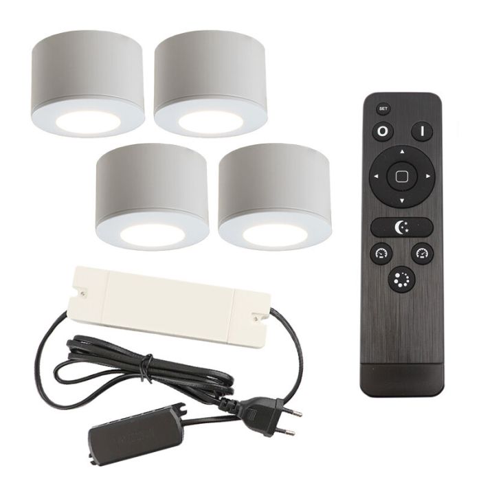 4 spots en saillie veranda ronds blancs Vasso, IP44, avec kit de connexion et télécommande