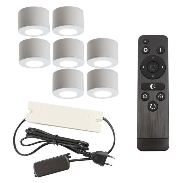 7 spots en saillie veranda ronds blancs Vasso, IP44, avec kit de connexion et télécommande