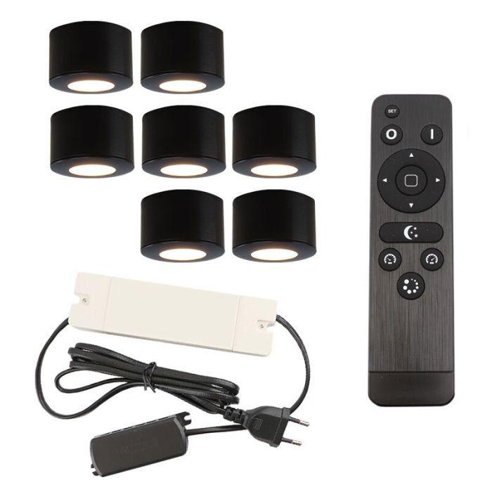 7 spots en saillie veranda ronds noirs Vasso, IP44, avec kit de connexion et télécommande