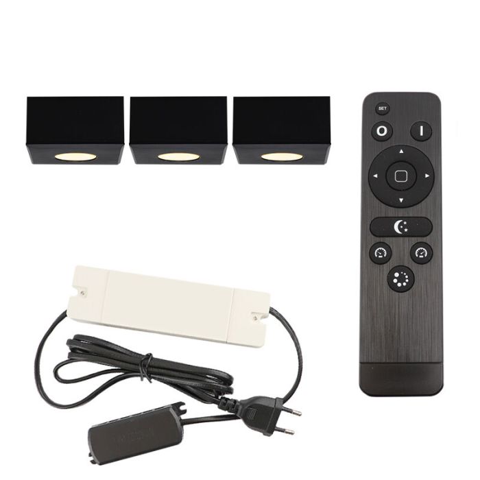 3 spots en saillie veranda carrés noirs Fredo, IP44, avec kit de connexion et télécommande