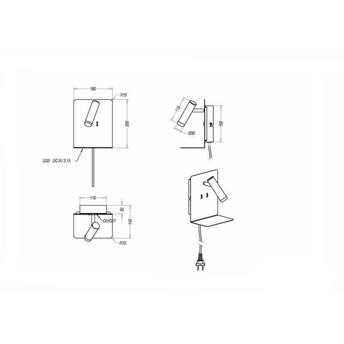 Applique murale design noire, Ricciolo, 3W, 3000K LED, avec interrupteur