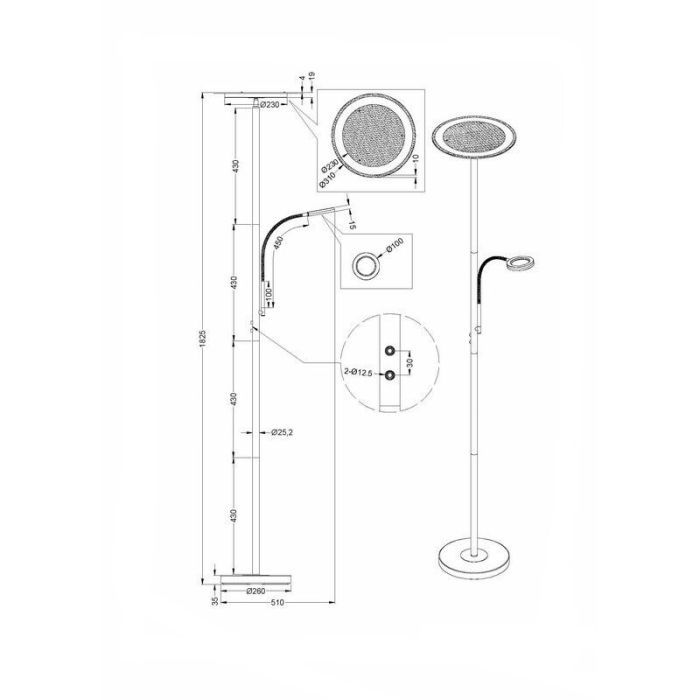 Lampadaire moderne nickel, Benny, 18W, 3000K LED, avec variateur tactile