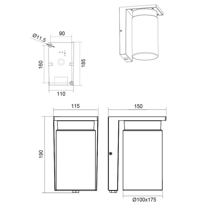 Applique extérieur avec capteur crépusculaire moderne noire, Yves, IP44