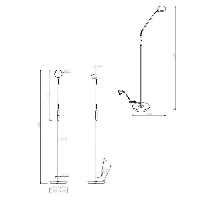 Lampadaire liseuse moderne noir, Bilge, 12W, blanc chaud à froid réglable LED, avec variateur tactile