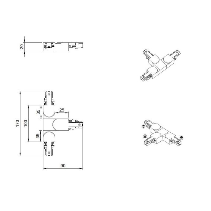 Pièce en T avec guide, plastique, gris