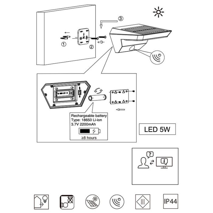 Applique extérieur avec détecteur de mouvement moderne anthracite, Sunniva, 5W, 3000K LED, IP44