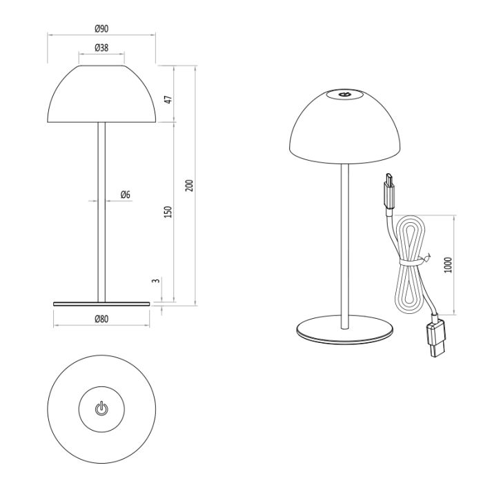 Lampe de table rechargeable en plastique noire, Mikhail, 2W, 3000K LED, IP44, avec variateur tactile